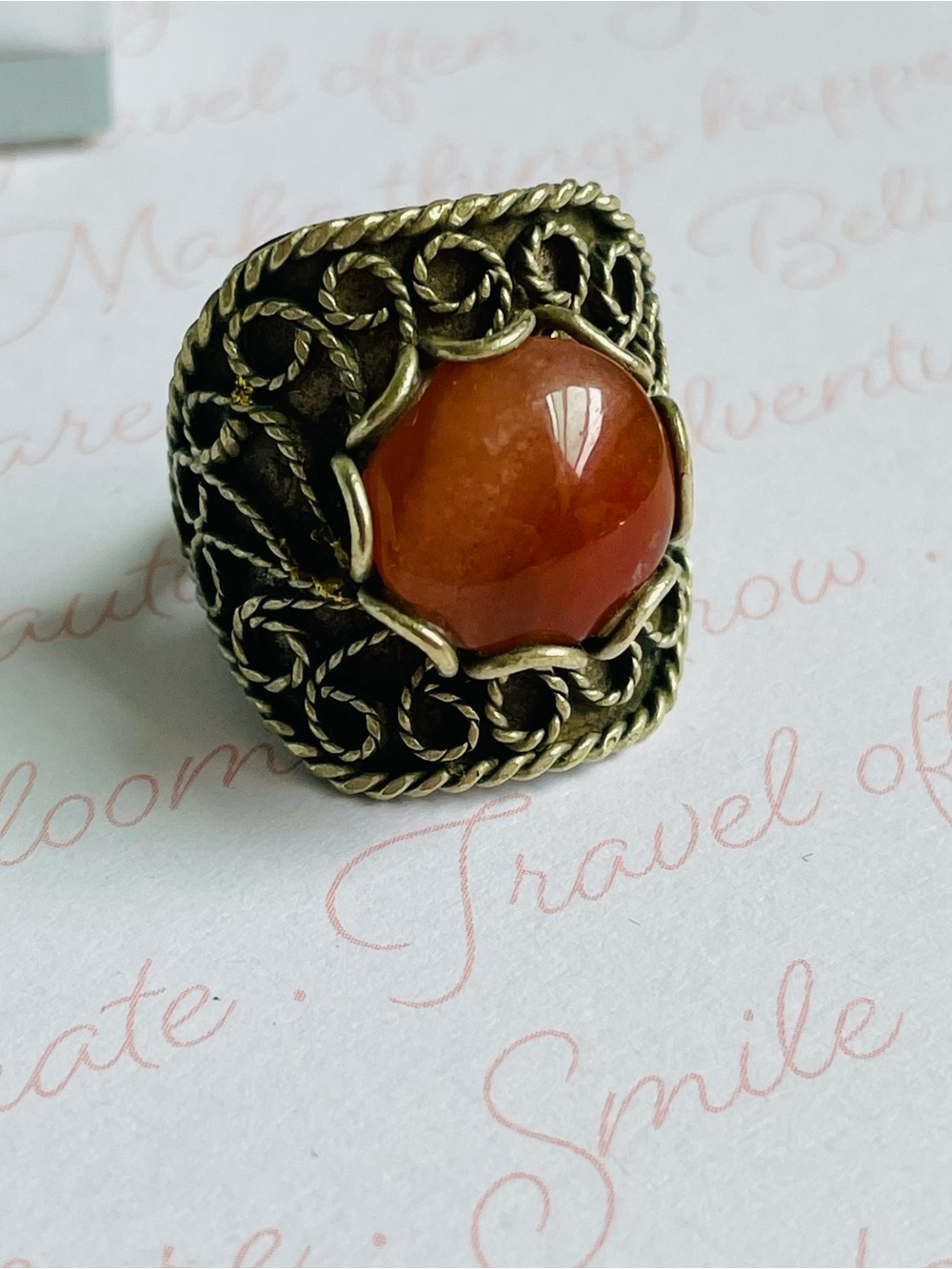 Vintage Artisan Red Agate Stone Ornate Filigree Silvertone Ring - Picture 2 of 3